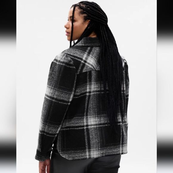 Gap Puff Sleeve Cropped Wool Shirt Jacket Black White Plaid Size L - Picture 15 of 15